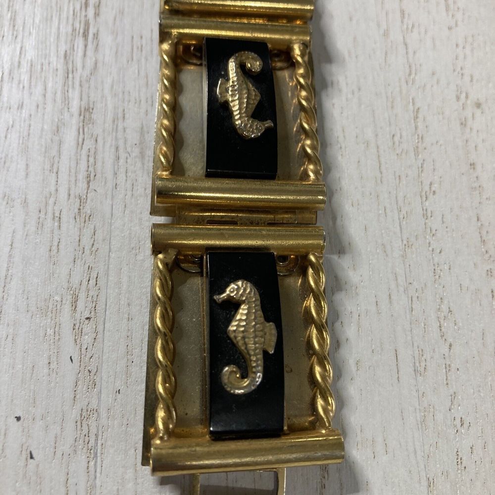 Art Deco French Black Bakelite Tested gold tone SEAHORSES  Bracelet Vintage 7.5"